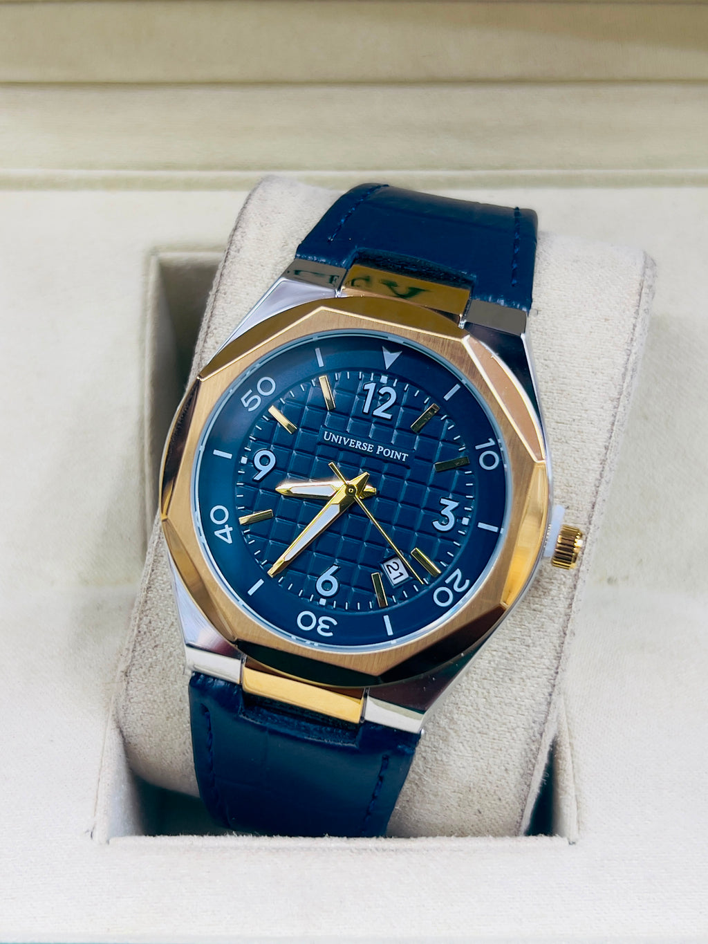Universe Point Men’s Royal Blue Grid Dial Watch with Leather Strap
