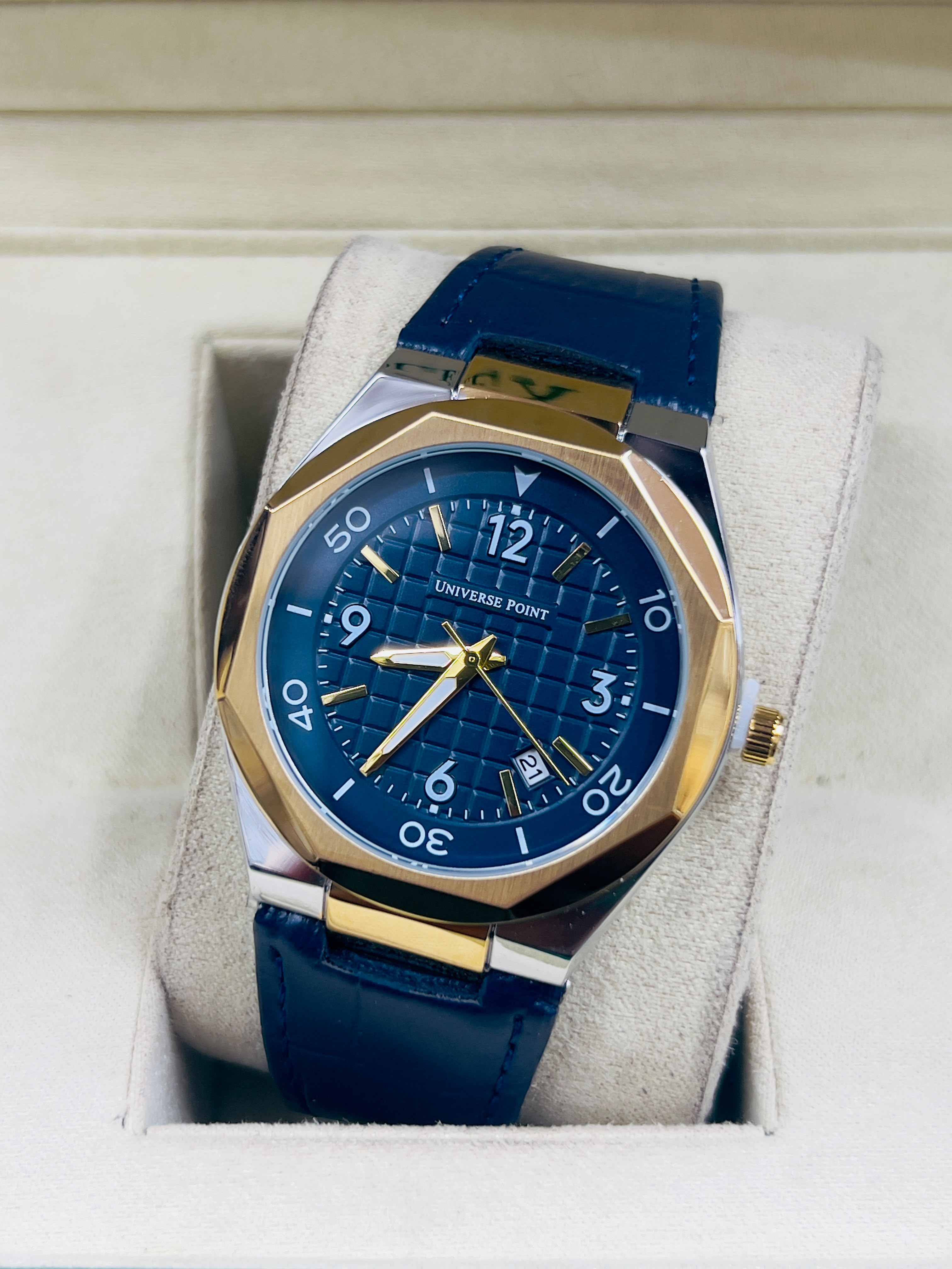 Universe Point Men’s Royal Blue Grid Dial Watch with Leather Strap