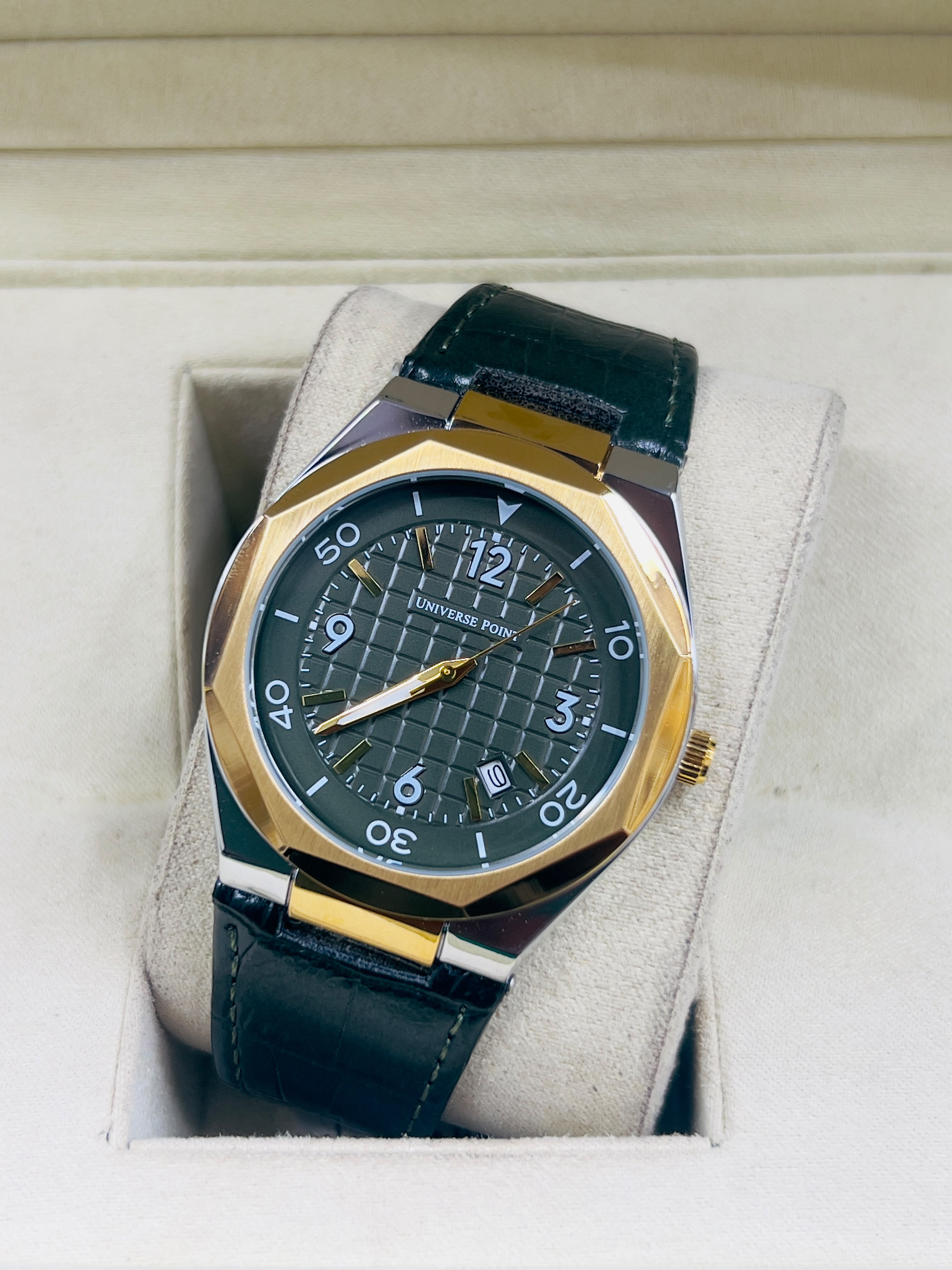 Universe Point Men’s Royal Blue Grid Dial Watch with Leather Strap