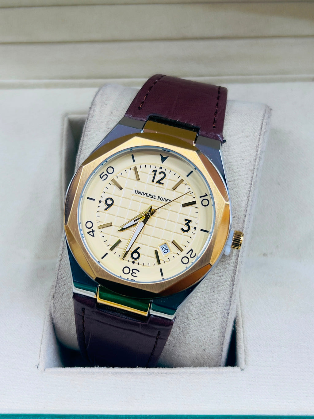 Universe Point Men’s Royal Blue Grid Dial Watch with Leather Strap