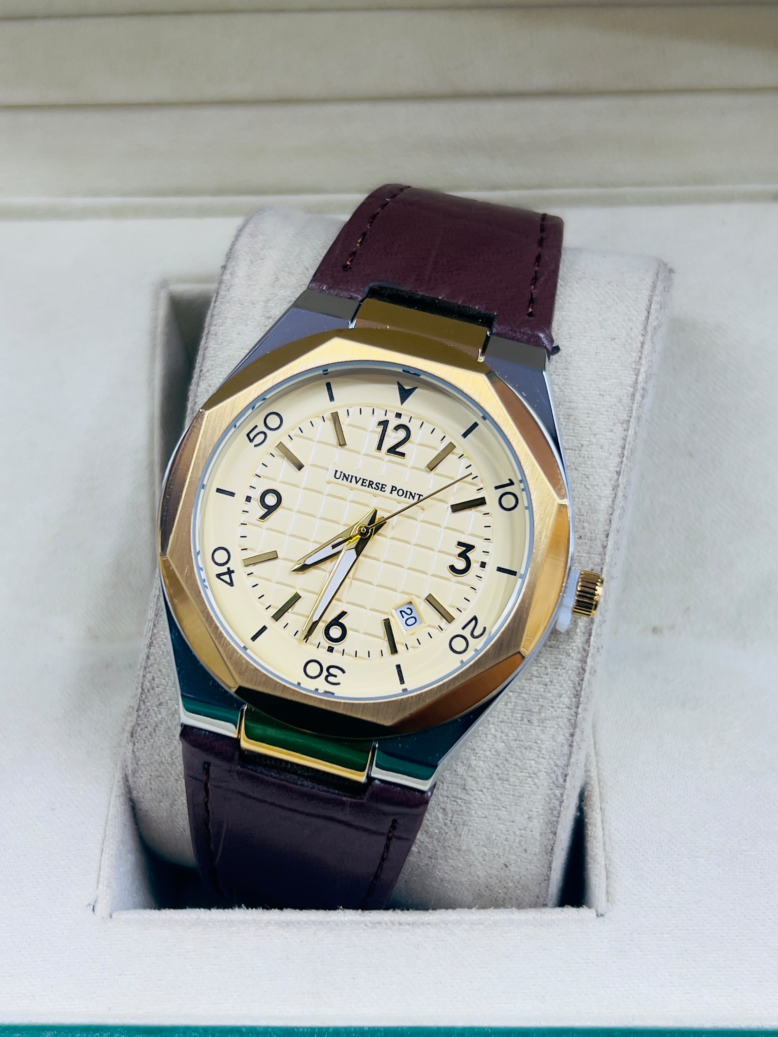 Universe Point Men’s Royal Blue Grid Dial Watch with Leather Strap