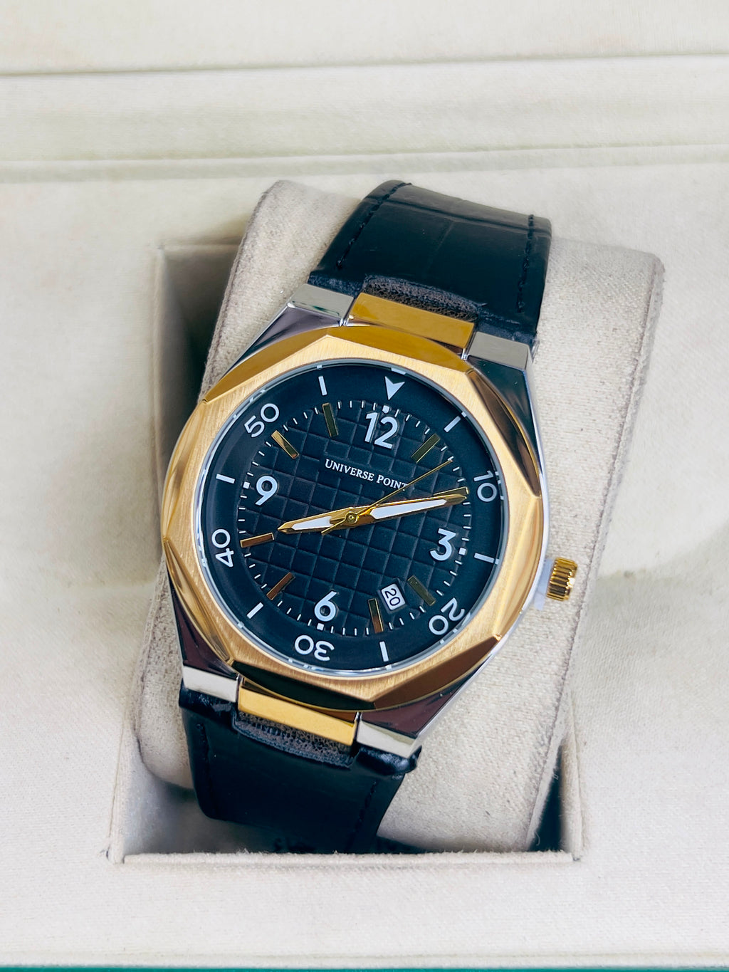 Universe Point Men’s Royal Blue Grid Dial Watch with Leather Strap
