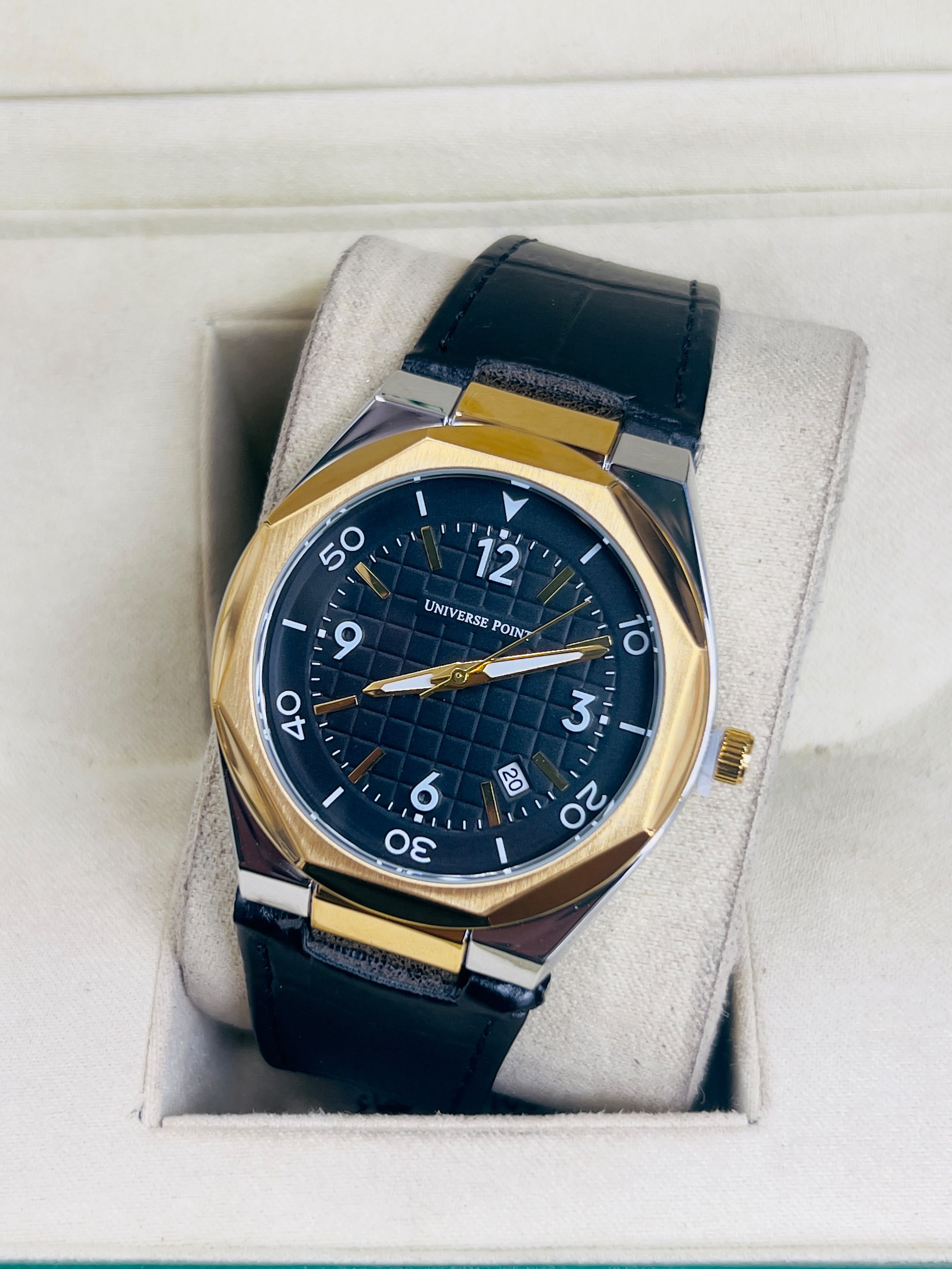 Universe Point Men’s Royal Blue Grid Dial Watch with Leather Strap