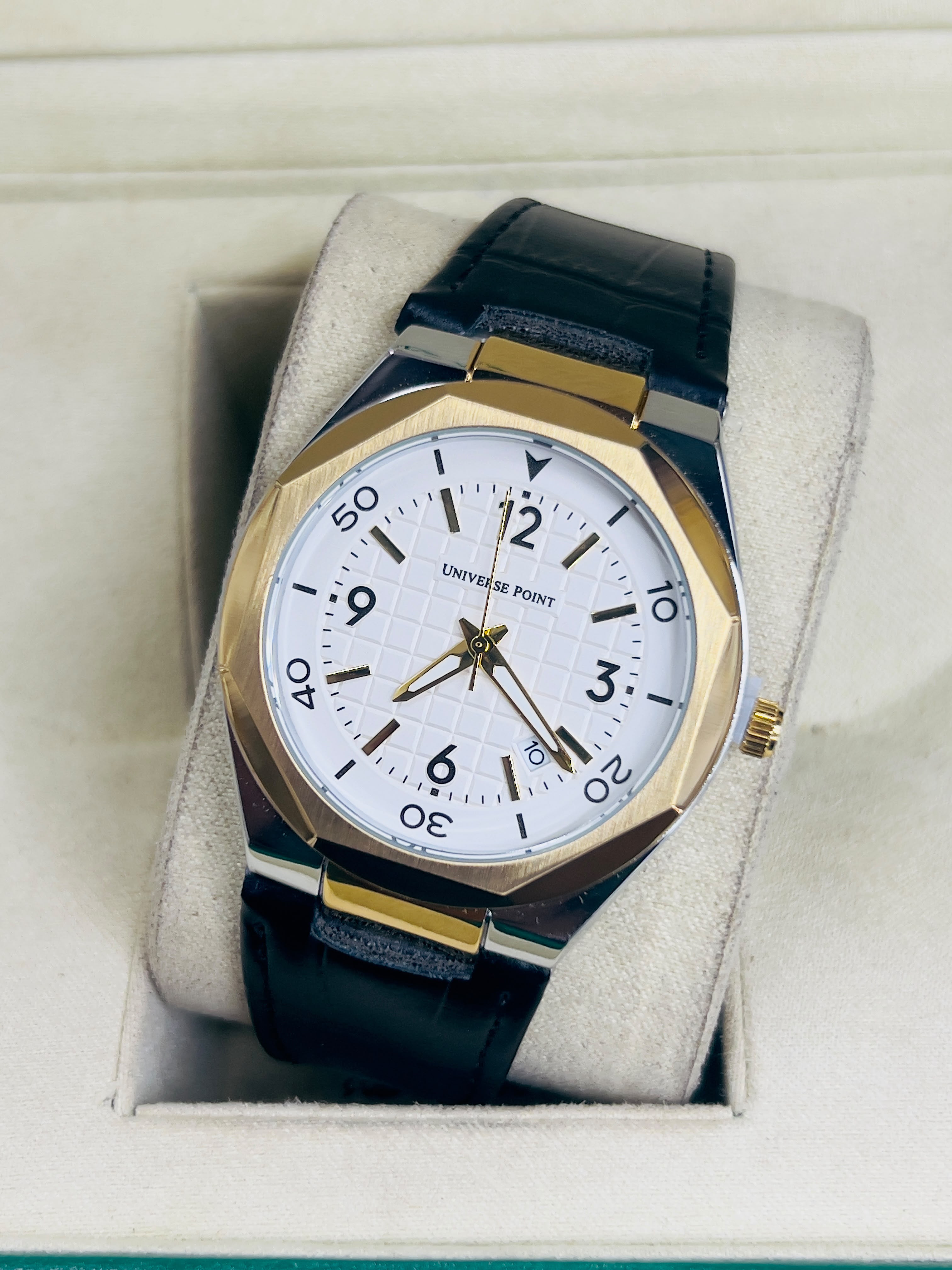 Universe Point Men’s Royal Blue Grid Dial Watch with Leather Strap