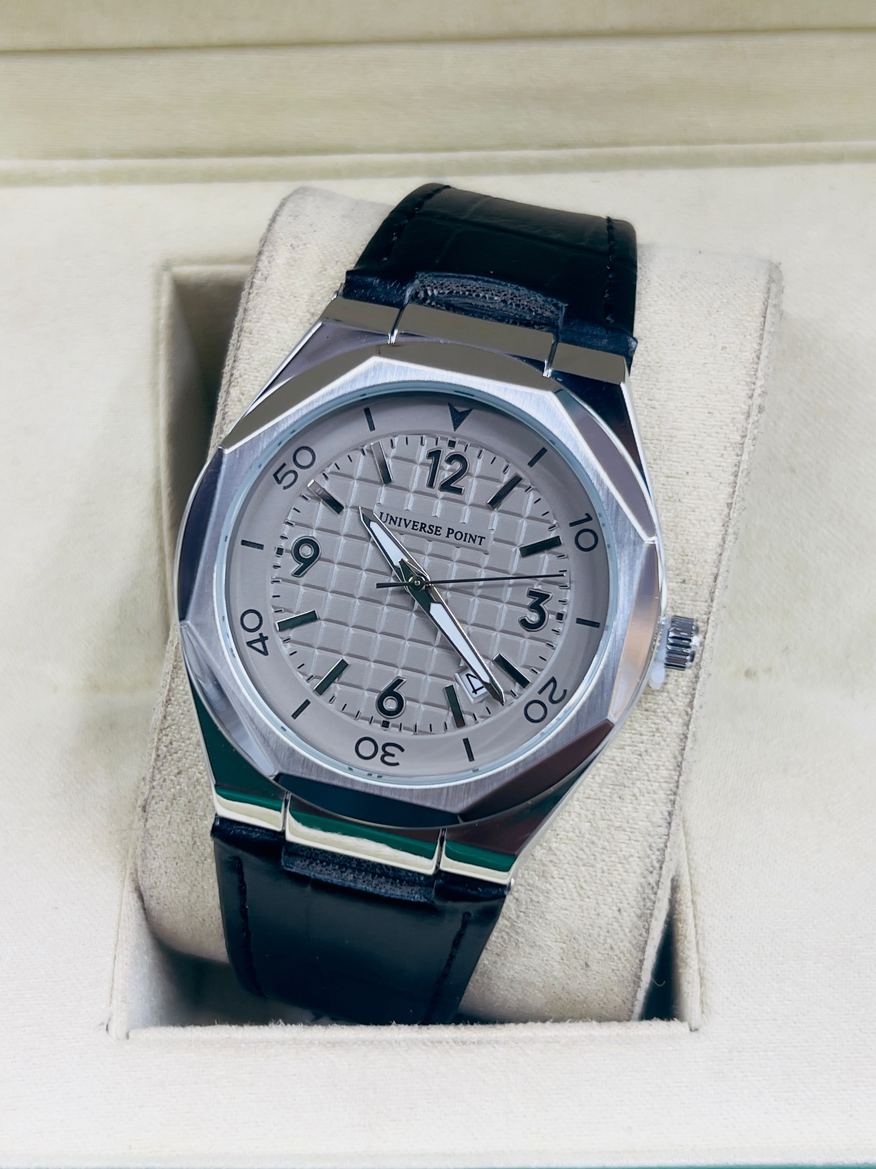 Universe Point Men’s Royal Blue Grid Dial Watch with Leather Strap