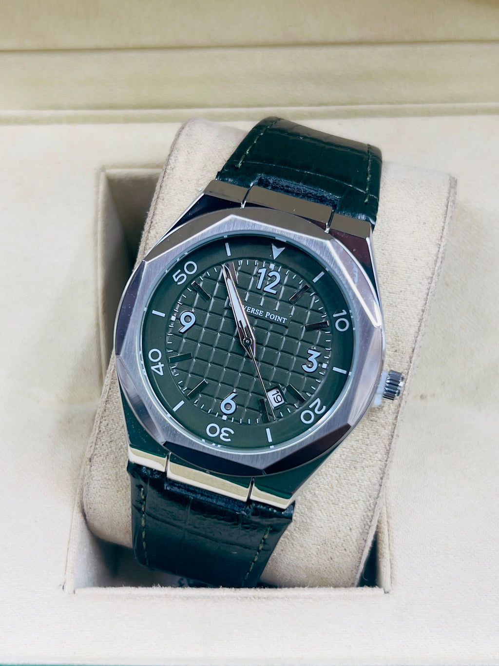 Universe Point Men’s Royal Blue Grid Dial Watch with Leather Strap