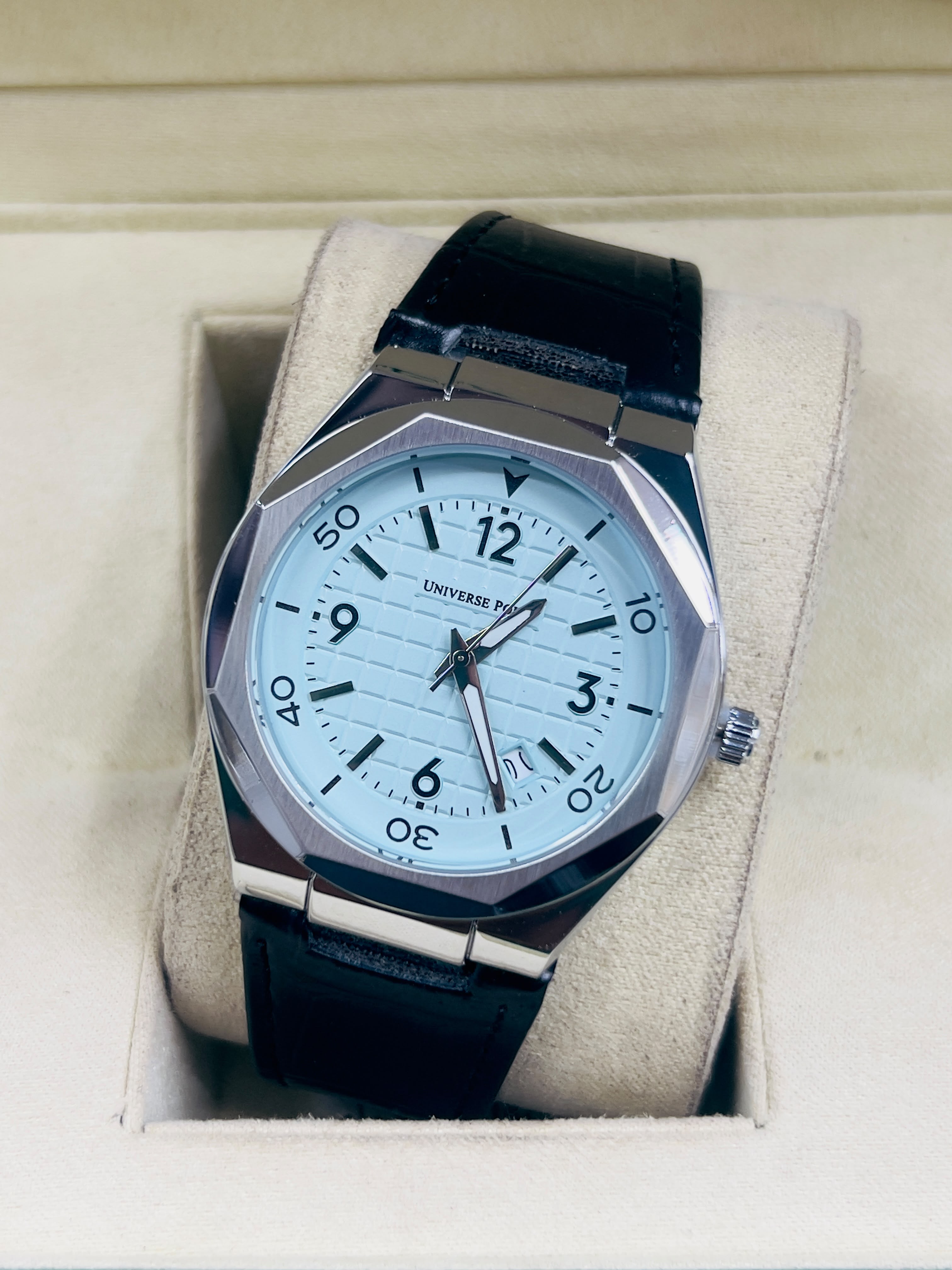 Universe Point Men’s Royal Blue Grid Dial Watch with Leather Strap