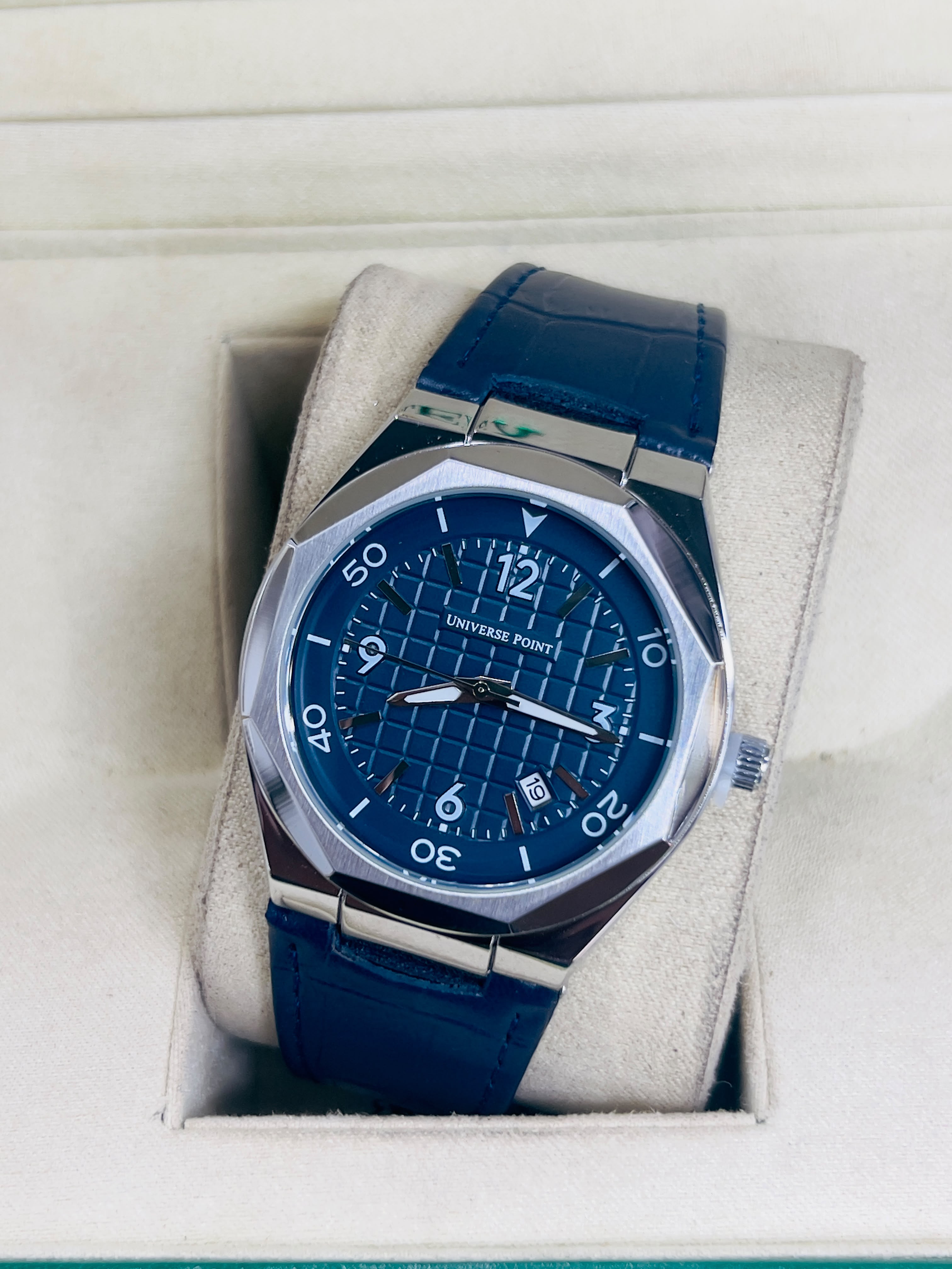 Universe Point Men’s Royal Blue Grid Dial Watch with Leather Strap