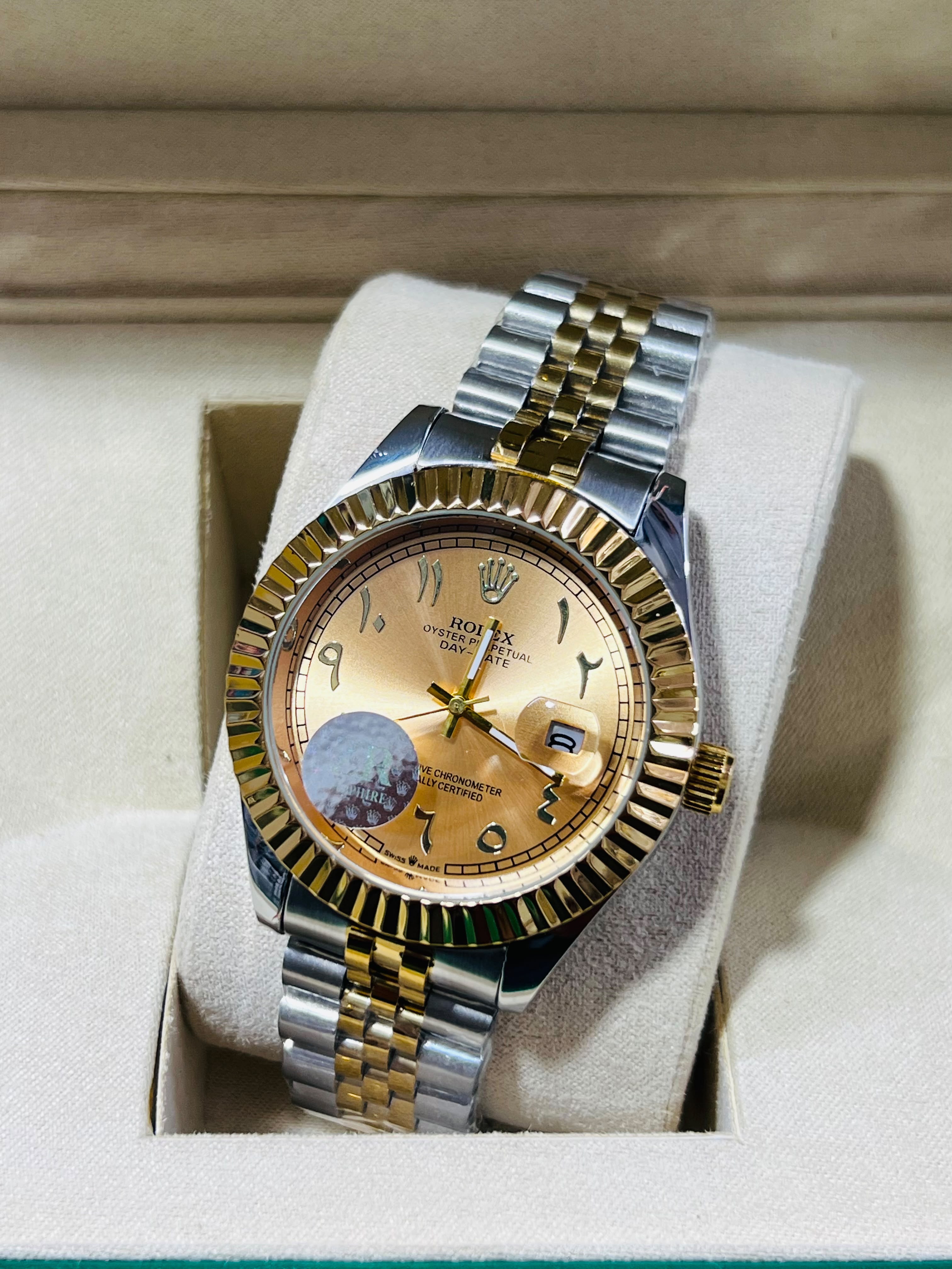 Luxury Two-Tone Fluted Bezel Day-Date Men's Watch Collection (Arabic & Roman Numerals)