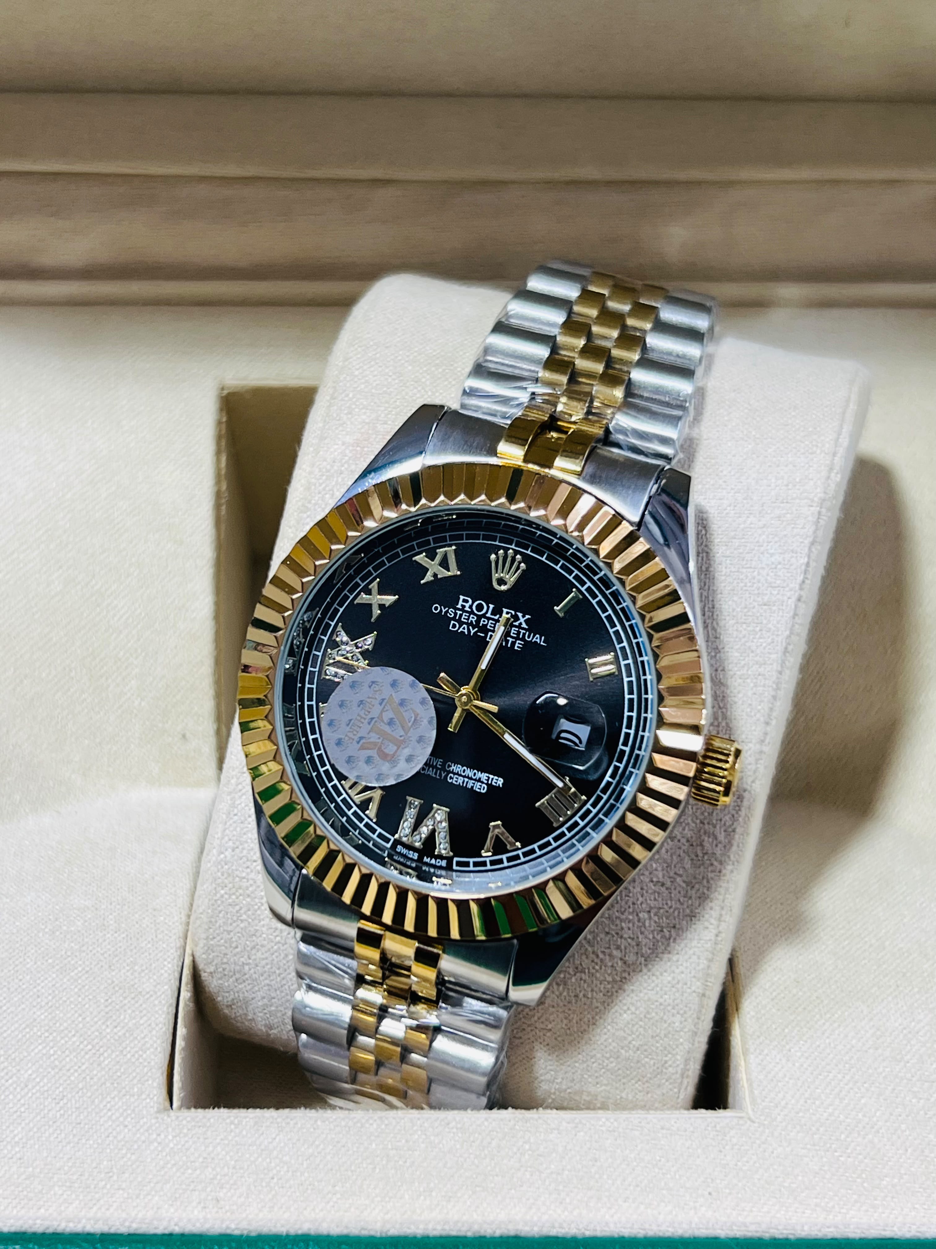 Luxury Two-Tone Fluted Bezel Day-Date Men's Watch Collection (Arabic & Roman Numerals)