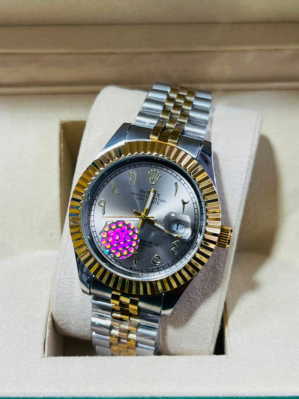 Luxury Two-Tone Fluted Bezel Day-Date Men's Watch Collection (Arabic & Roman Numerals)