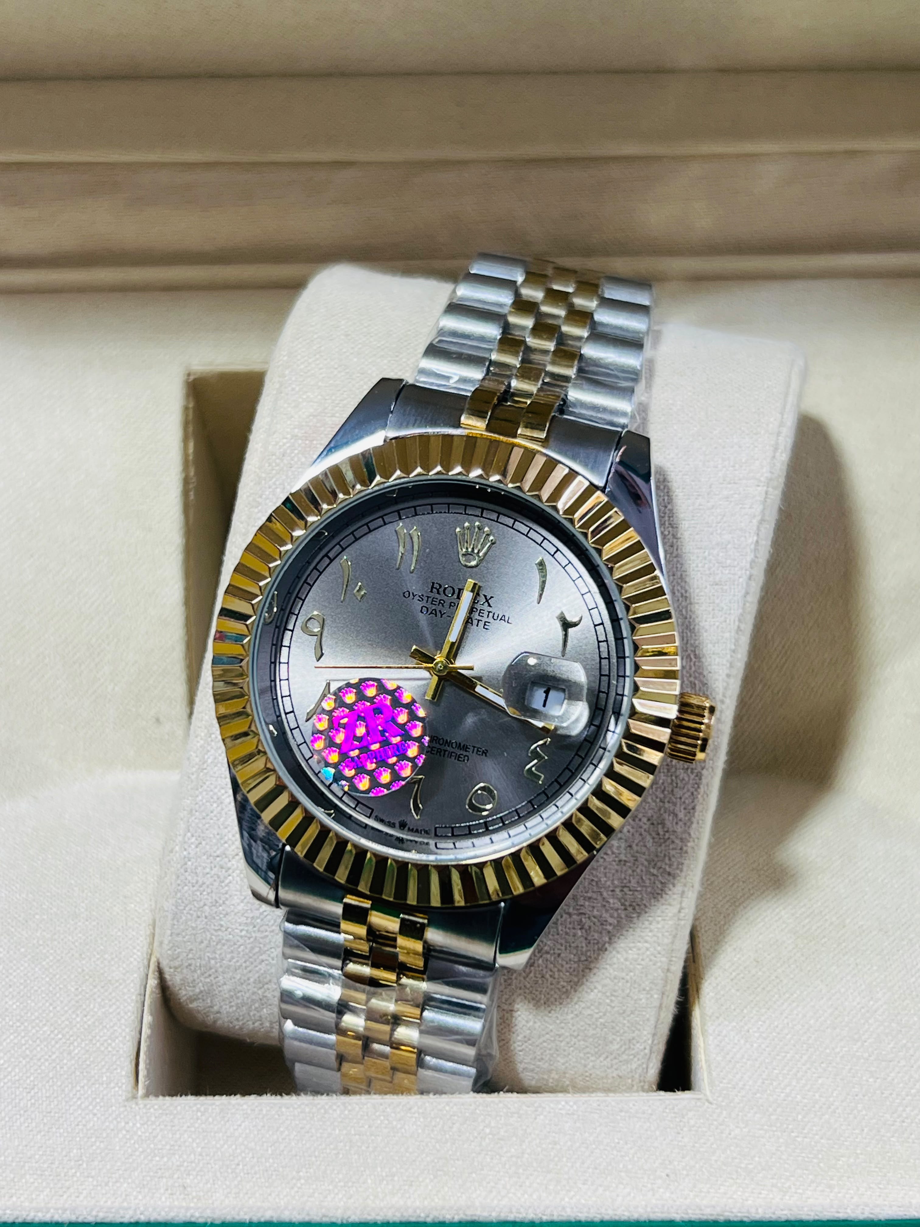 Luxury Two-Tone Fluted Bezel Day-Date Men's Watch Collection (Arabic & Roman Numerals)