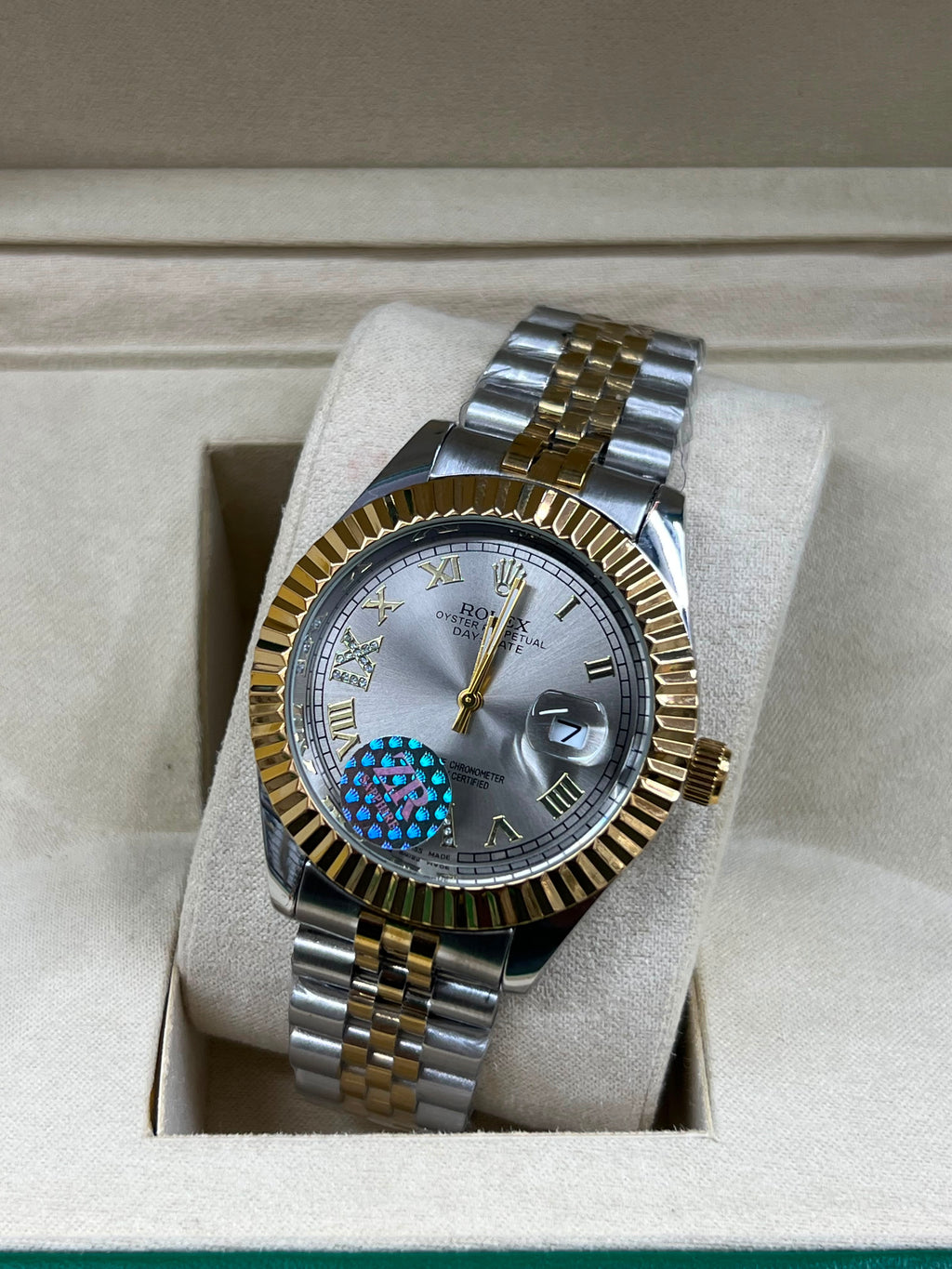 Luxury Two-Tone Fluted Bezel Day-Date Men's Watch Collection (Arabic & Roman Numerals)