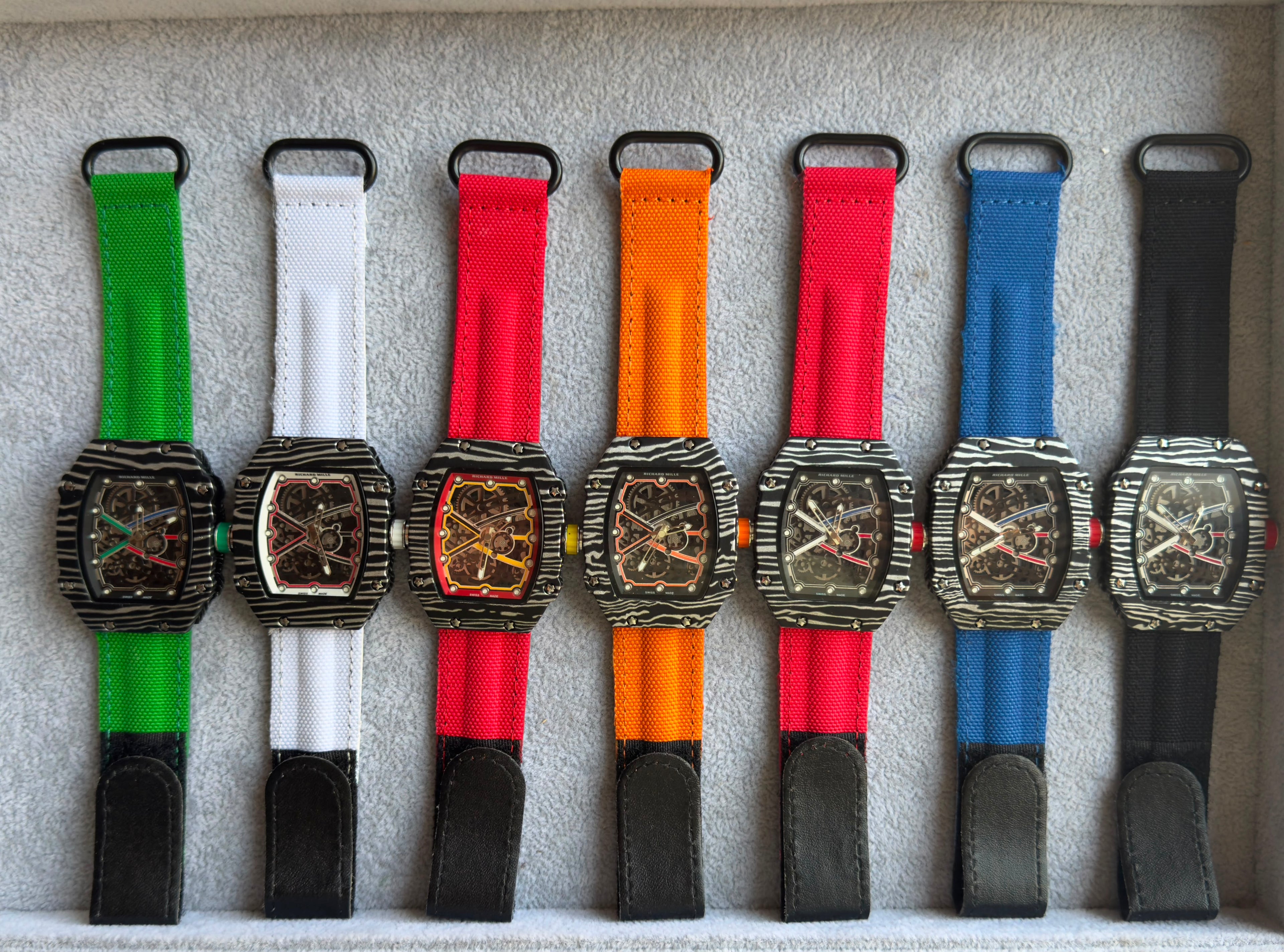 Richard Mille Style Skeleton Dial Carbon Pattern Men's watch with different strap colors