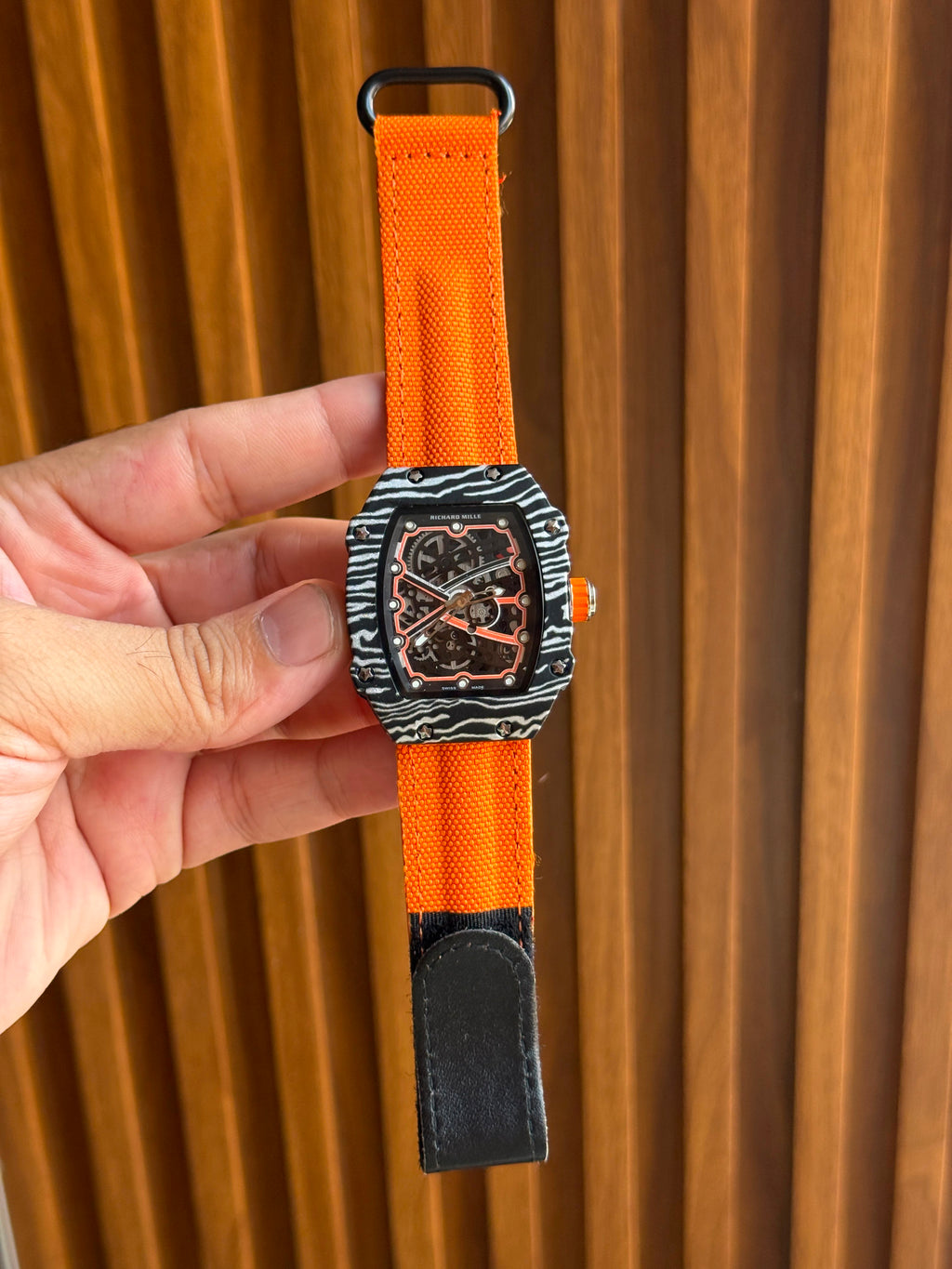 Richard Mille Style Skeleton Dial Carbon Pattern Men's watch with different strap colors