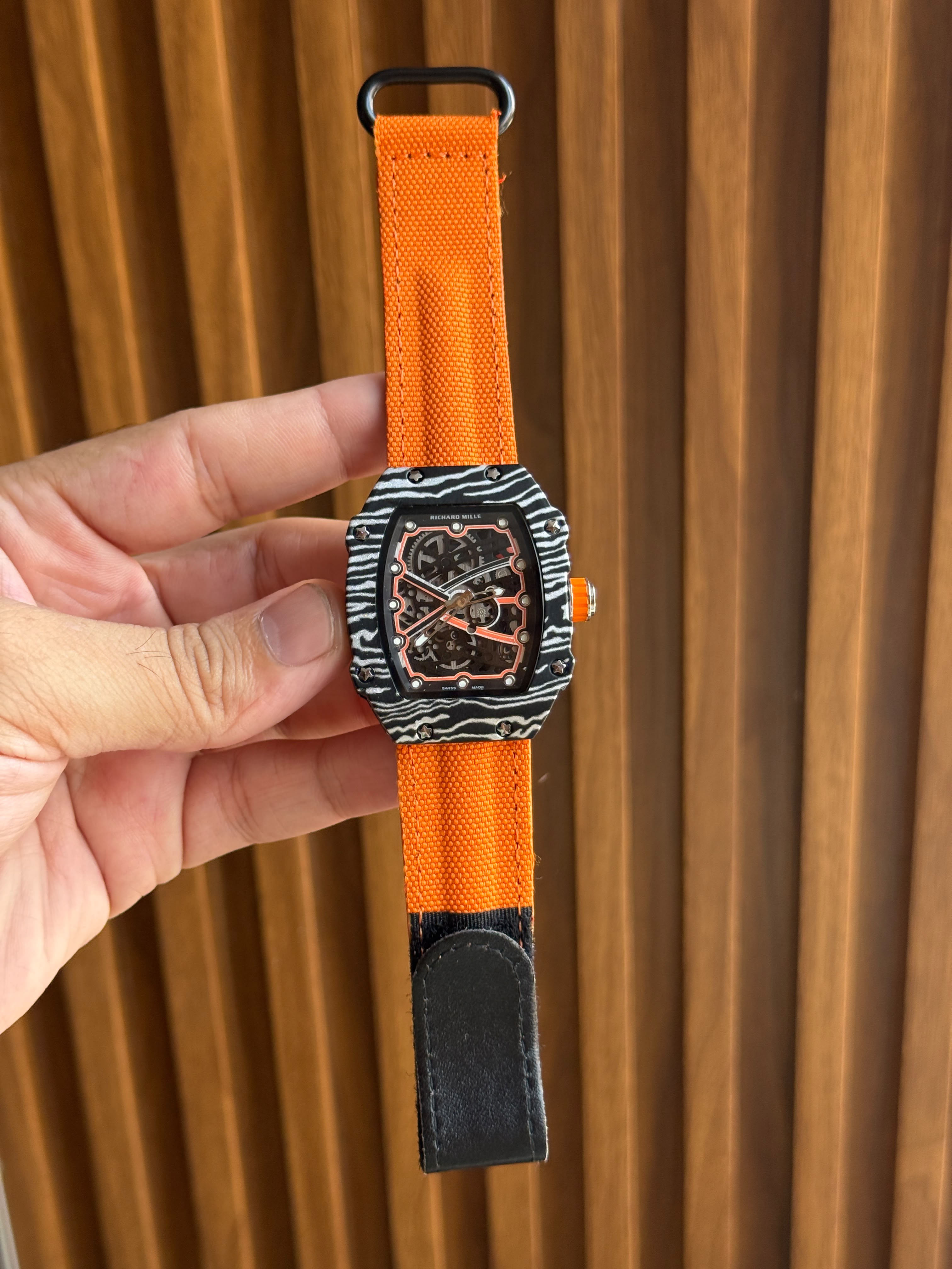 Richard Mille Style Skeleton Dial Carbon Pattern Men's watch with different strap colors