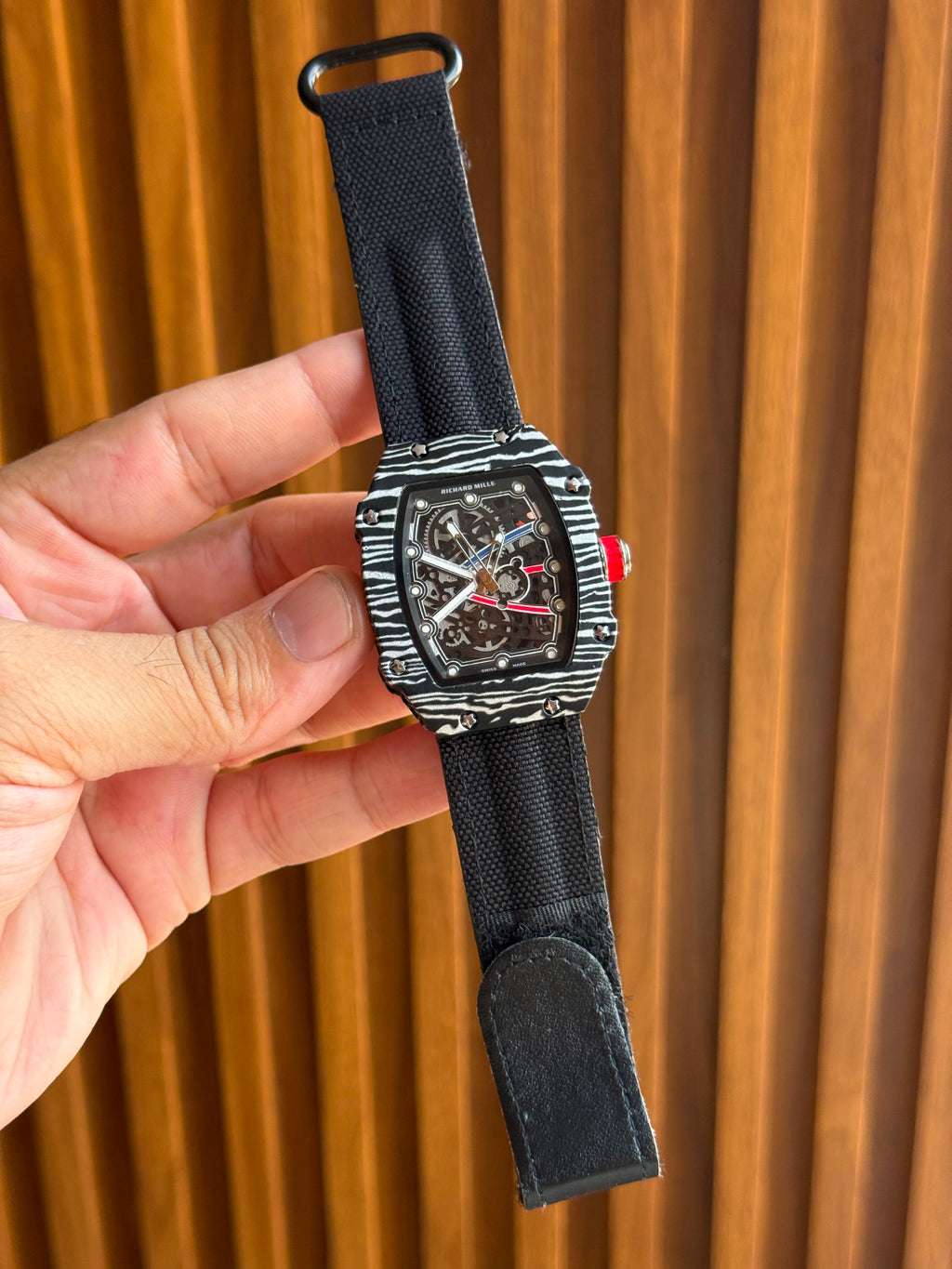 Richard Mille Style Skeleton Dial Carbon Pattern Men's watch with different strap colors