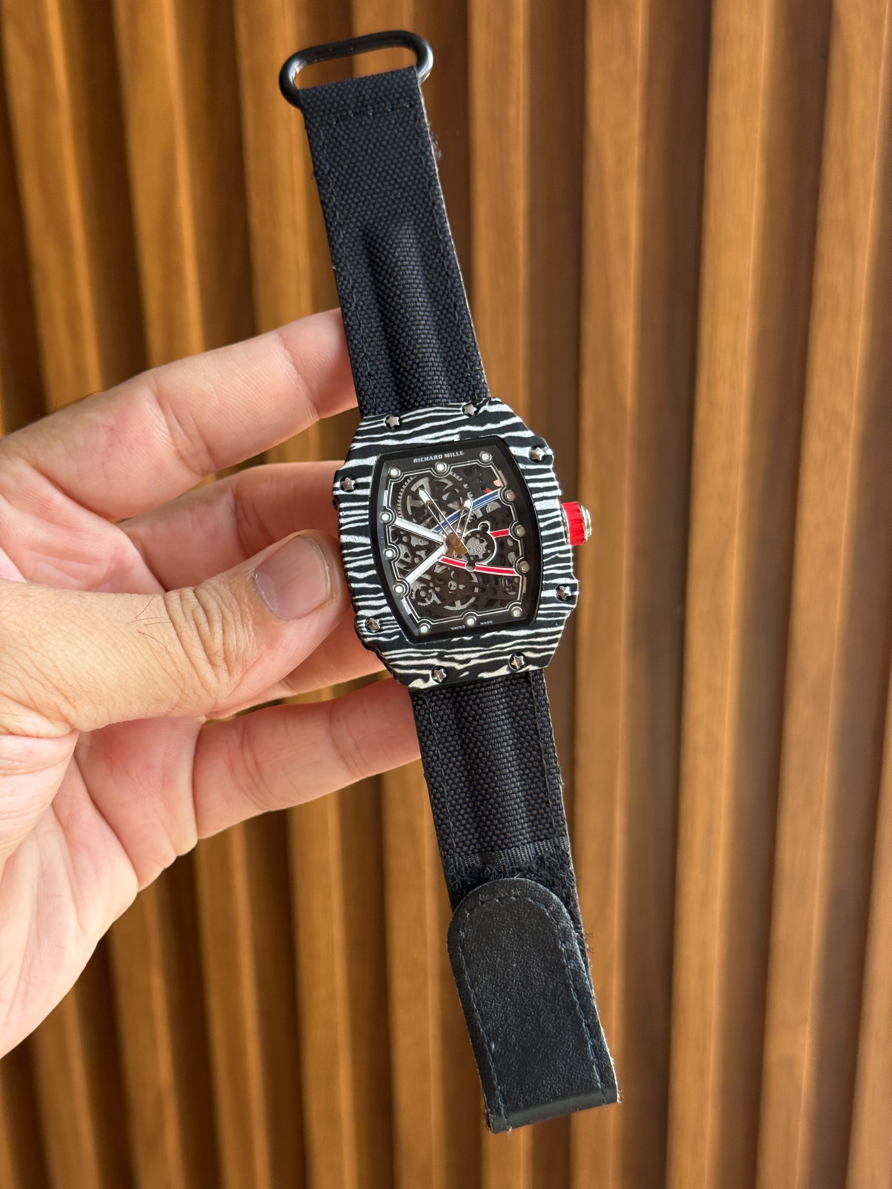 Richard Mille Style Skeleton Dial Carbon Pattern Men's watch with different strap colors